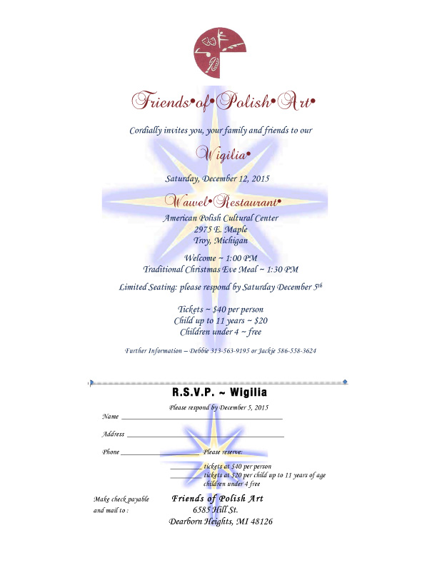 THE FRIENDS OF POLISH ART ANNUAL WIGILIA: Saturday, December 12, 2015