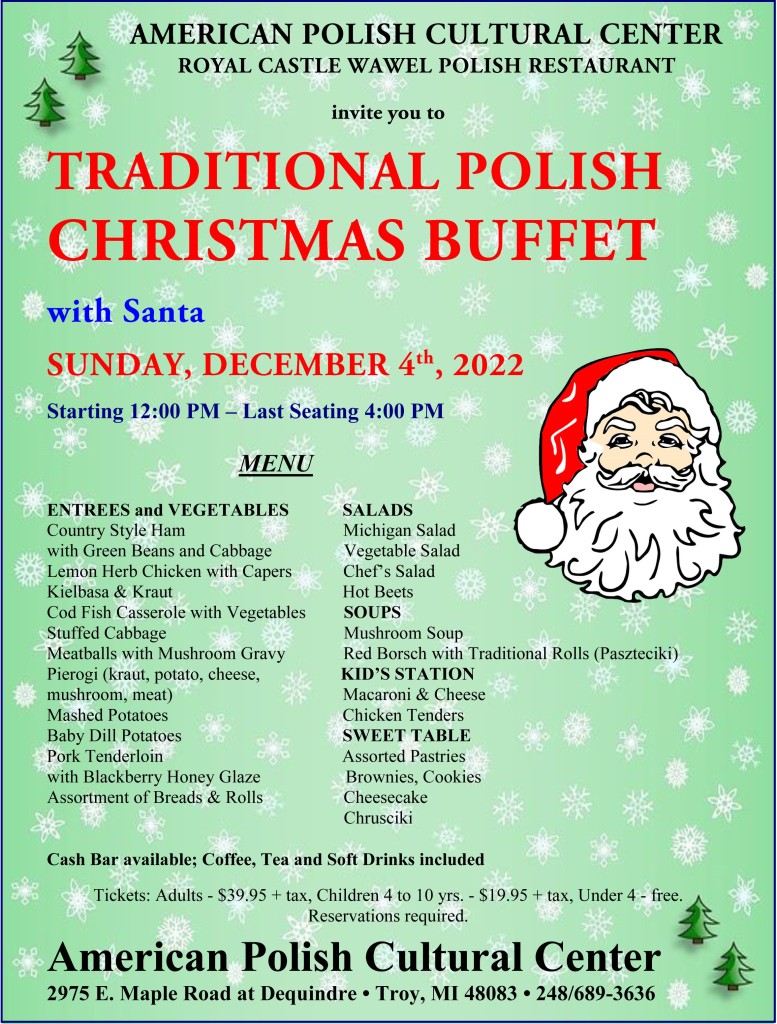 Christmas Buffet Sunday, December 4, 2022 American Polish Cultural